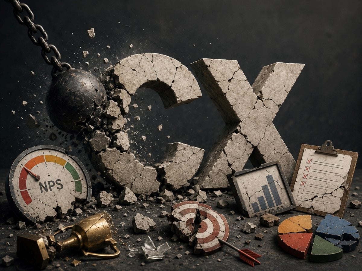 AI-generated conceptual illustration showing large stone letters "CX" being smashed by a wrecking ball. Surrounding the shattered letters are broken symbols commonly associated with customer experience programs, including an NPS gauge, charts, targets, scorecards and business metrics. Debris flies through the air as the scene symbolizes a challenge to conventional CX thinking, measurement practices and leadership assumptions.