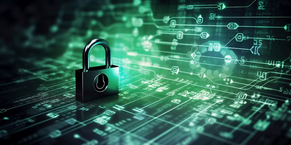 Padlock graphic depicting internet cybersecurity and protecting against data breaches.