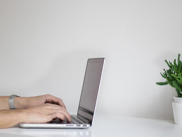 man working on a laptop computer on a white desk with a green plant in background