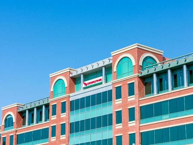 CrowdStrike sign and logo on headquarters building in Silicon Valley.