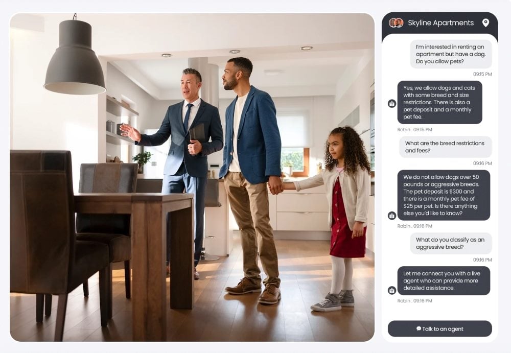 BirdEye product screenshot showing a chatbot conversation with Skyline Apartments about pet policies, alongside an image of a real estate agent giving a home tour to a man and his young daughter. The chat window details breed and size restrictions, pet deposits, and monthly fees, and offers to connect the user with a live agent for more information.