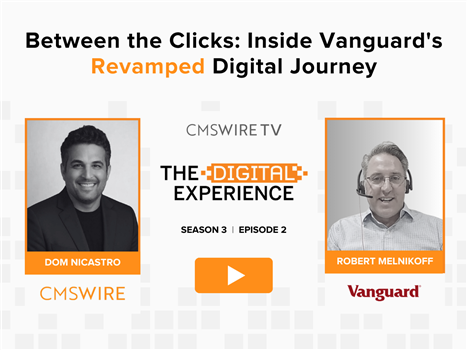 Pixelated background with two rectangular headshots of CMSWire TV show The Digital Experience host dom nicastro and guest robert