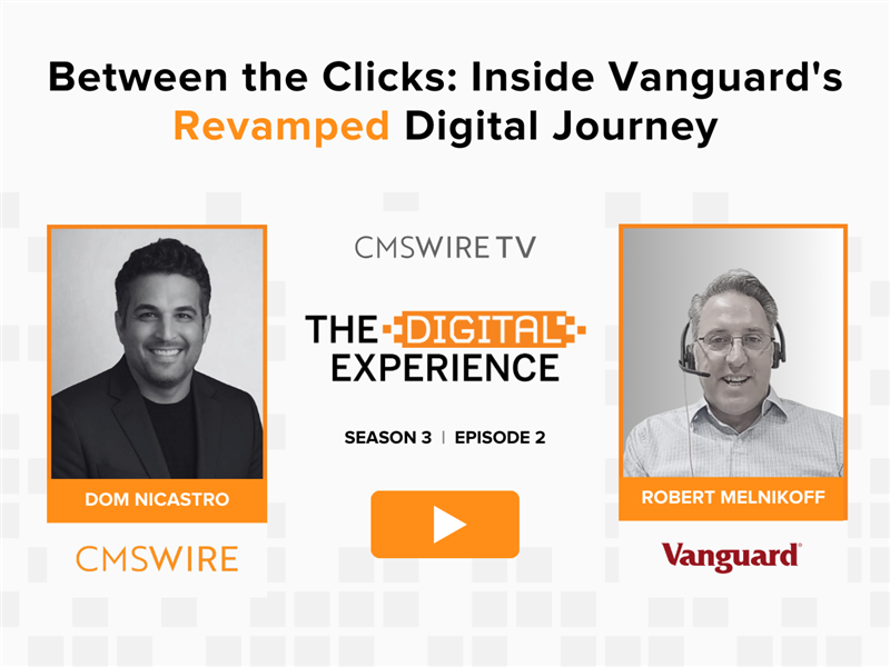 Pixelated background with two rectangular headshots of CMSWire TV show The Digital Experience host dom nicastro and guest robert