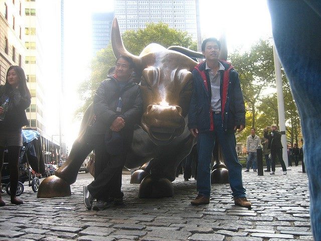 People leaning on the Wall Street bull.