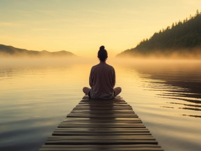 Young woman meditating on a wooden pier on the edge of a lake to improve focus, just like contact center agents need to work on their well-being.