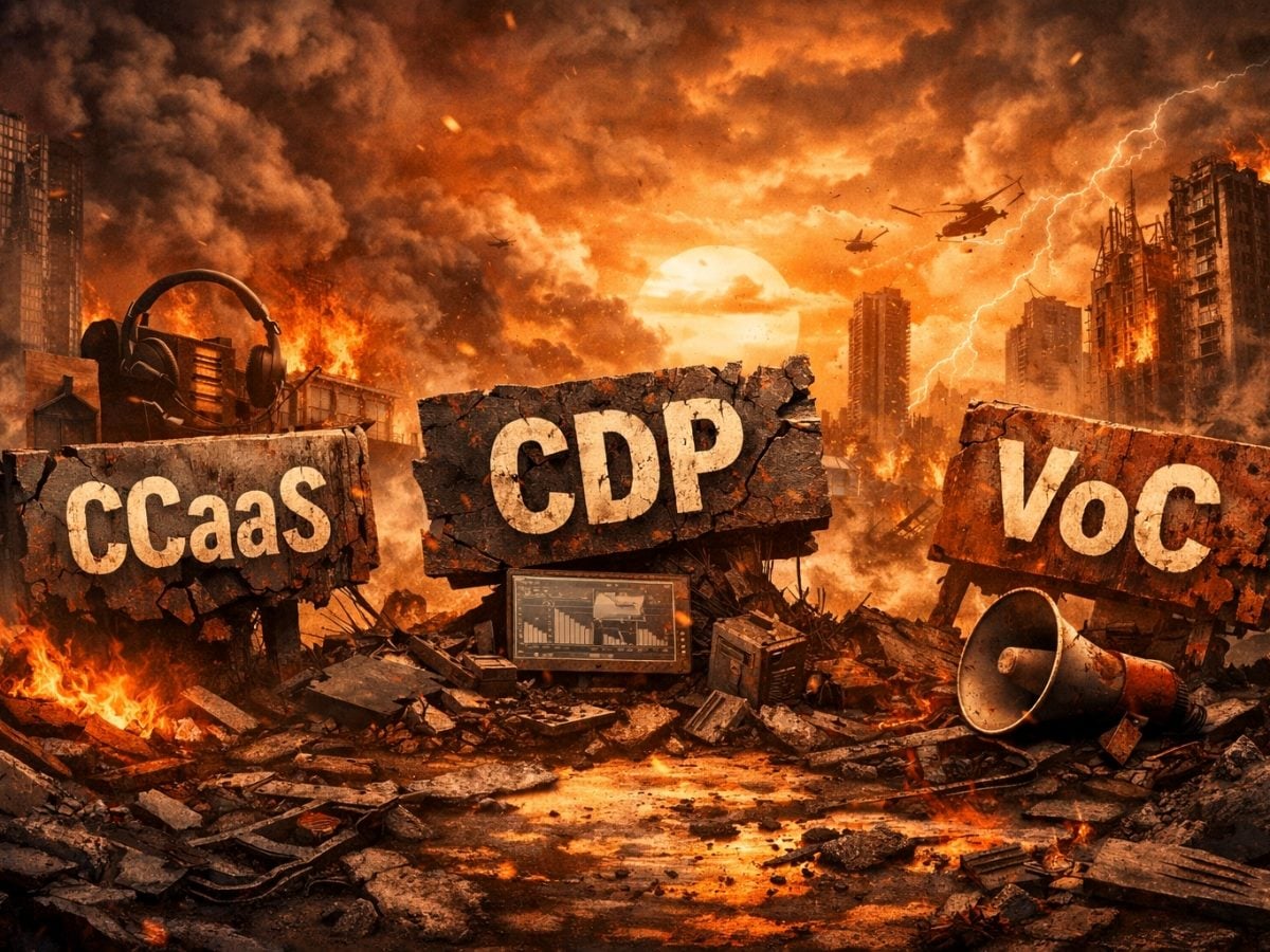 In an image generated with AI, an apocalyptic cityscape with flames and collapsing buildings behind three broken technology signs labeled CCaaS, CDP and VoC, representing disruption and consolidation in customer experience software platforms.