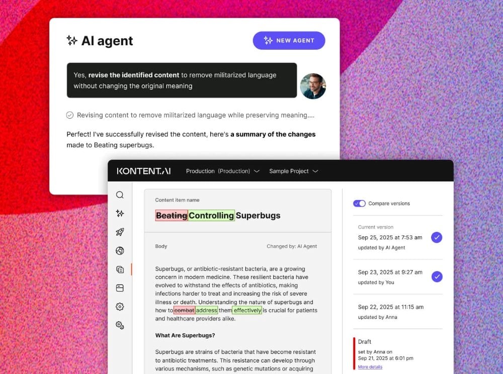 Screenshot of Kontent.ai’s Agentic CMS showing an AI agent revising content to remove militarized language, with tracked edits and version history displayed.