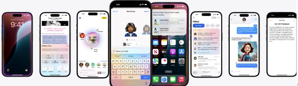 This image showcases a range of iPhone screens displaying various new features and enhancements from an Apple software update. The visuals include a lock screen with a redesigned interface, a customizable control center, messaging with new emoji and sticker functions, improved search in mail with streamlined results, and an AI-enhanced voice assistant interface. Each screen illustrates the interface's functionality and design elements, emphasizing Apple's focus on user experience and technological integration in piece about AI in Apple products at WWDC2024.