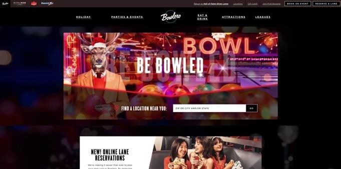 Screenshot of a Bowlero web page.