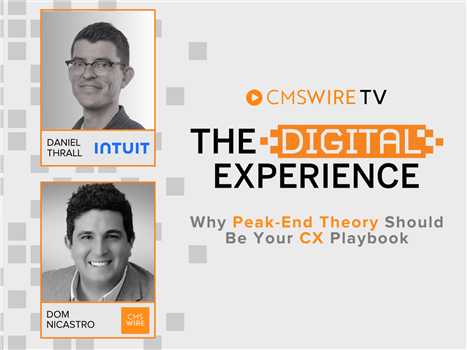 Grey thumbnail for The Digital Experience show with two rectangular headshots of the guest, Daniel Thrall and host, Dom Nicastro.