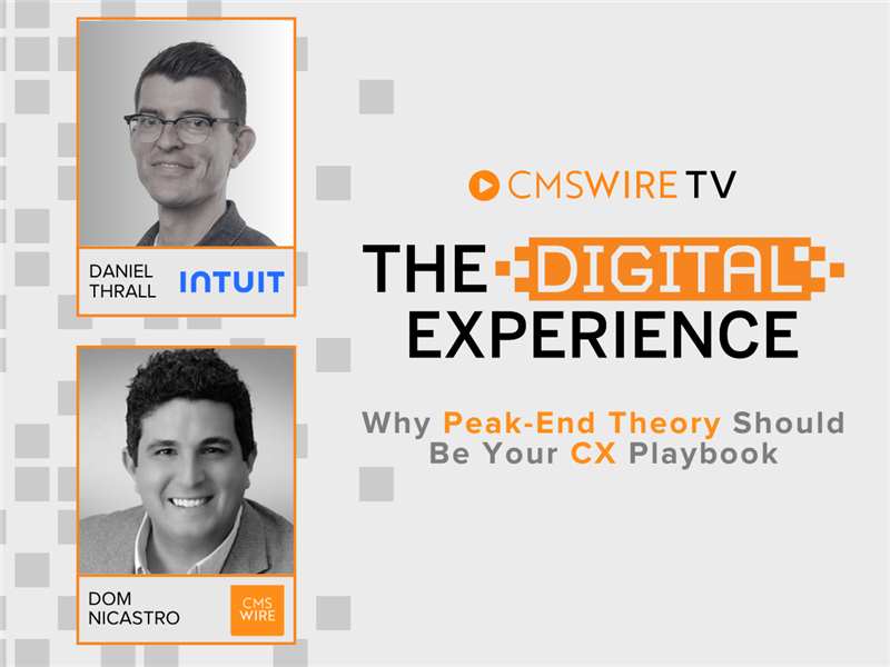 Grey thumbnail for The Digital Experience show with two rectangular headshots of the guest, Daniel Thrall and host, Dom Nicastro.