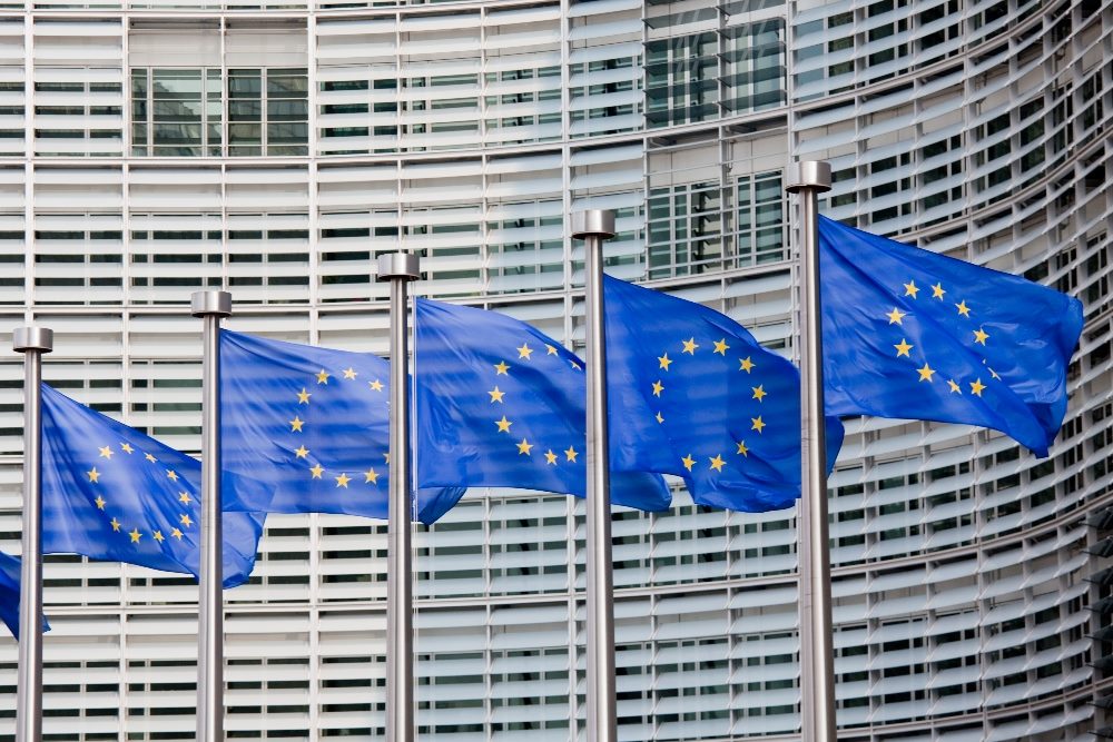 European flags in Brussels outside the government building.