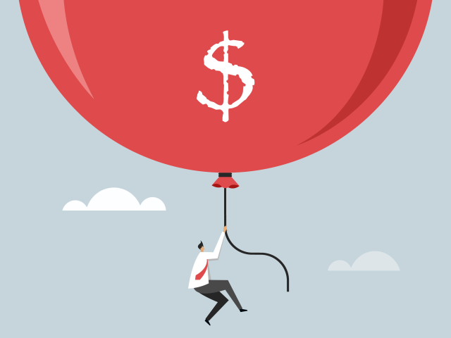Conceptual illustration of a businessman flying high with an inflated balloon. The balloon has a dollar sign on it.