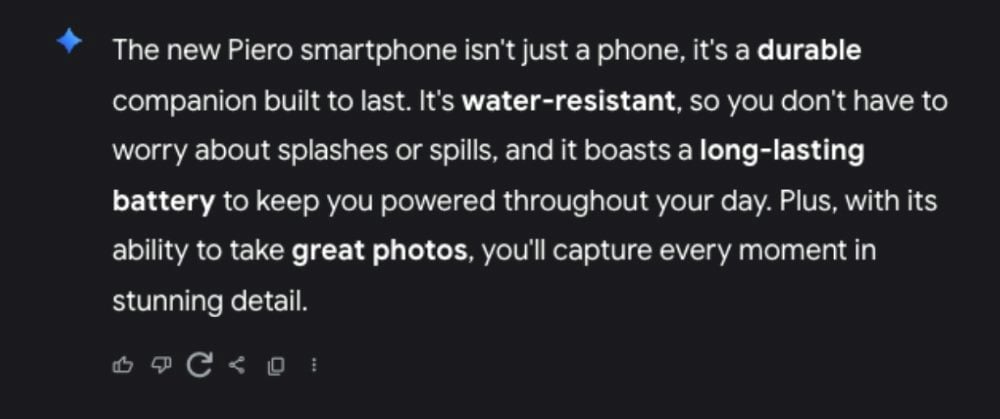 Screenshot of Gemini LLM’s response to a prompt about the Piero smartphone. The model describes the device as durable, water-resistant, with a long-lasting battery and great photo-taking capabilities.