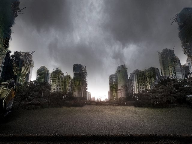  Dark and gloomy skyline around some city skyscrapers damaged by warfare.