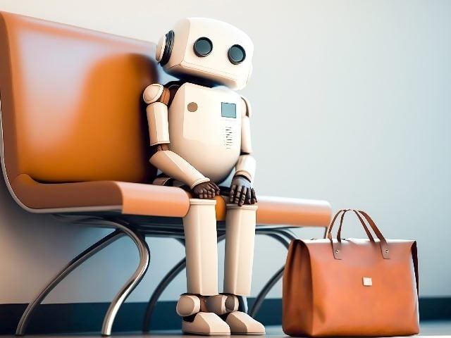 AI sad-looking white robot with a briefcase waiting on a vintage leather and steel chair for a job interview.