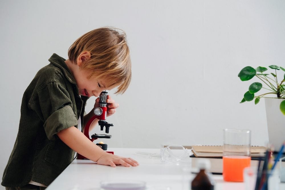 Side view of a child doing science project, looking through the microscope
