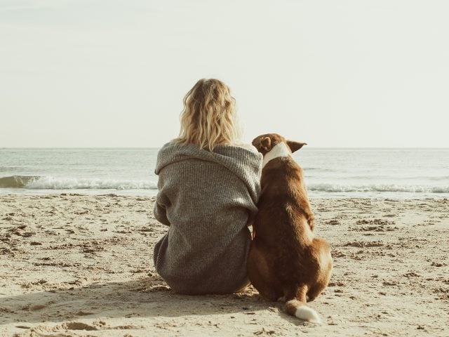 Young woman sitting and hugging dog on the beach, representing how data privacy is linked to customer loyalty and trust.