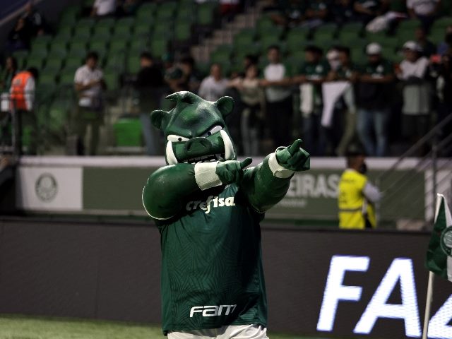 A mascot for a professional Brazilian soccer team tries to fire up the crowd, pointing his two arms toward them.