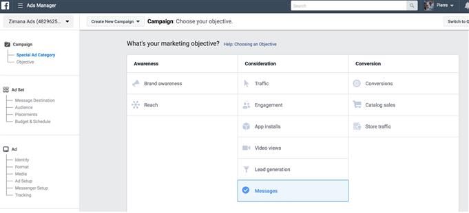 facebook conversational ads, creating a message