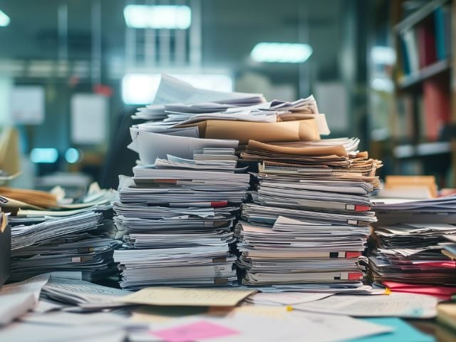 Stacks of paperwork and files representing the potential of a content management system (CMS) 