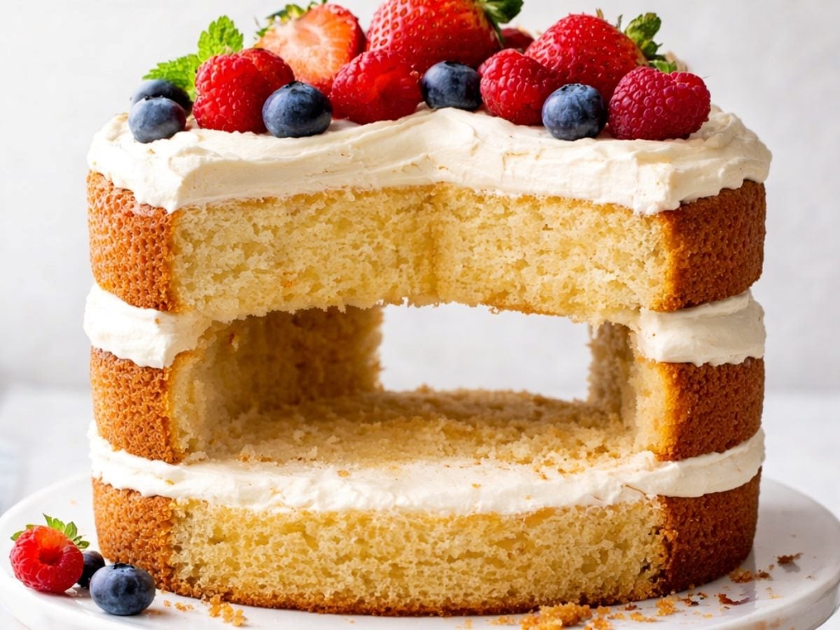 Layered sponge cake on a white cake stand with frosting and berries on top, showing a large missing middle layer that leaves a hollow gap between the upper and lower cake layers.
