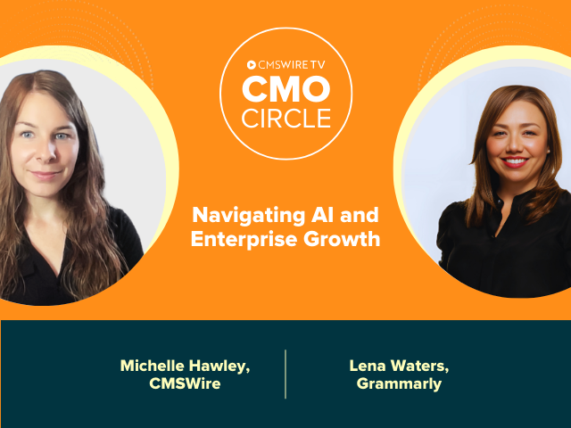 Orange background with two circular headshots, one of the host Michelle Hawley and the second of the guest of CMO Circle, Lena Waters CMO of Grammarly