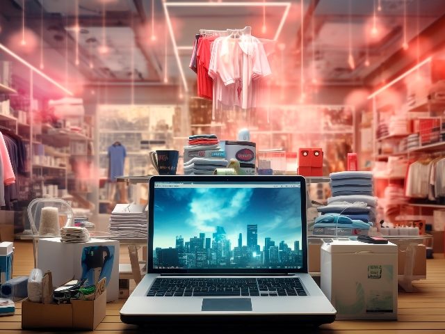 A laptop sits on a table with a cityscape visible on the screen and a retail business that sells online visible in the background with clothes and boxes in the scene in a piece about Amazon's Q AI chatbot business assistant.