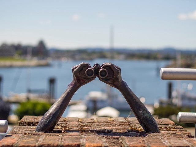 sculpture of arms holding binoculars facing a harbor