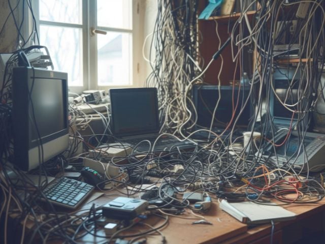 A desk covered in computers, tangled cords and other technology hardware 