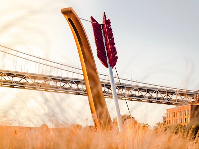 cupid's bow and arrow in a field in front of a bridge 