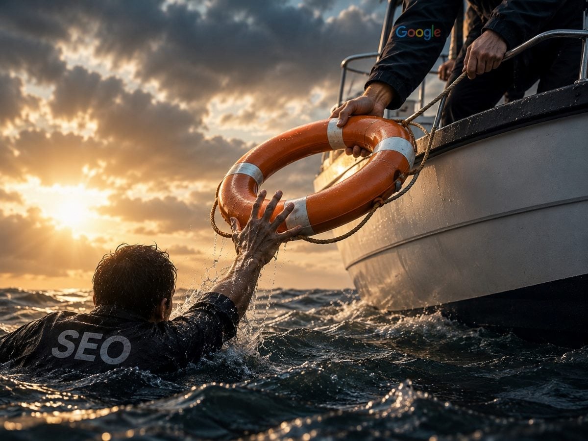 AI illustration of SEO personified as a struggling figure in rough ocean water reaching toward a life preserver extended from a Google-branded boat. The scene symbolizes SEO surviving and adapting in the AI search era, with dramatic waves and sunset lighting emphasizing uncertainty but continued relevance.