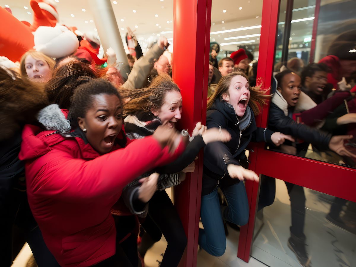 Shoppers rushing and fighting over discounted products on black friday