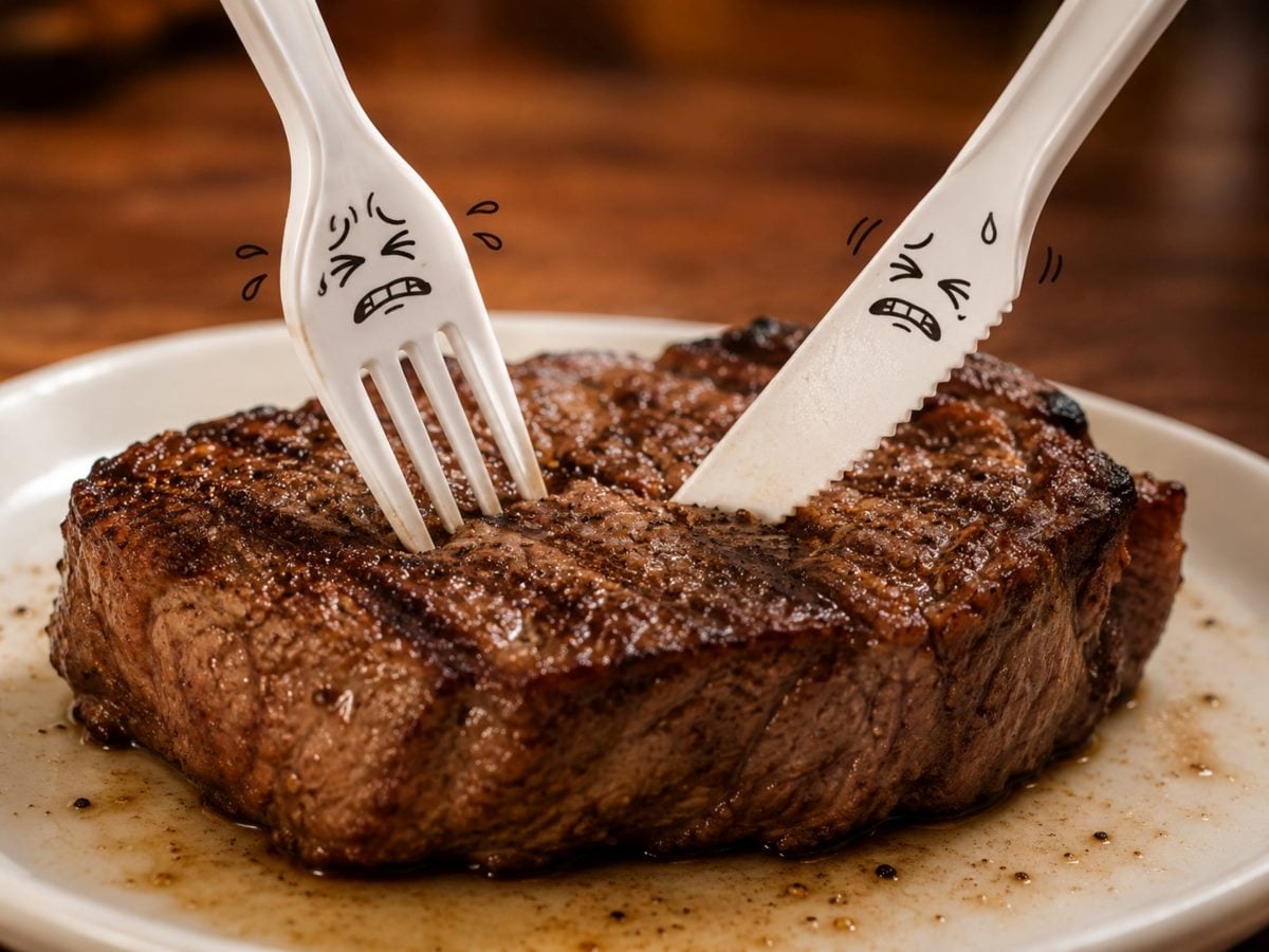 In an image generated by AI, a white plastic fork and plastic knife with cartoon-like strained expressions struggle unsuccessfully to cut through a thick grilled steak on a white plate, symbolizing an inadequate tool attempting a difficult task.