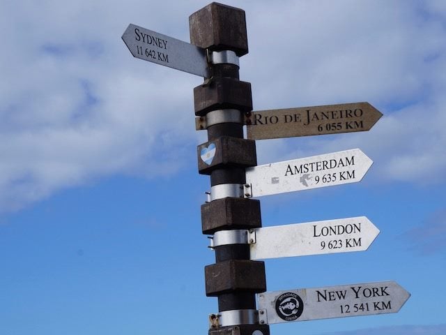 directional signs showing cities around the world