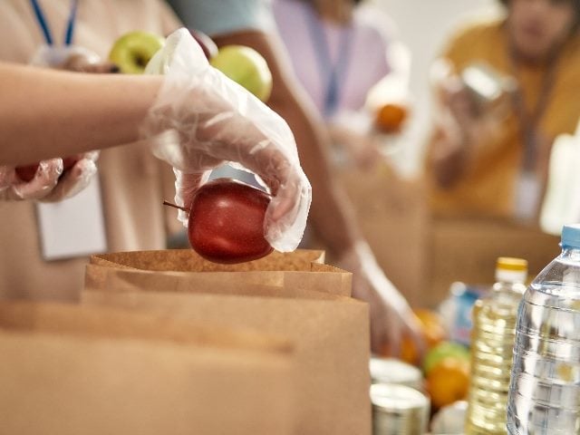 Close up of hand of volunteer in glove holding an apple while collecting, sorting food for in paper bags. 