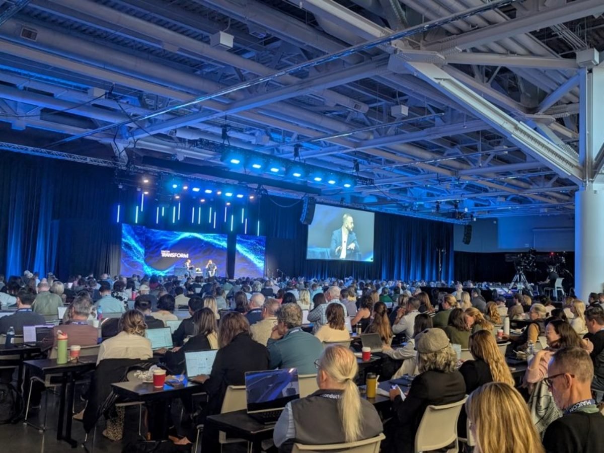 The scene of a keynote from MAICON in Cleveland, with hundreds of audience members listening to a conversation.