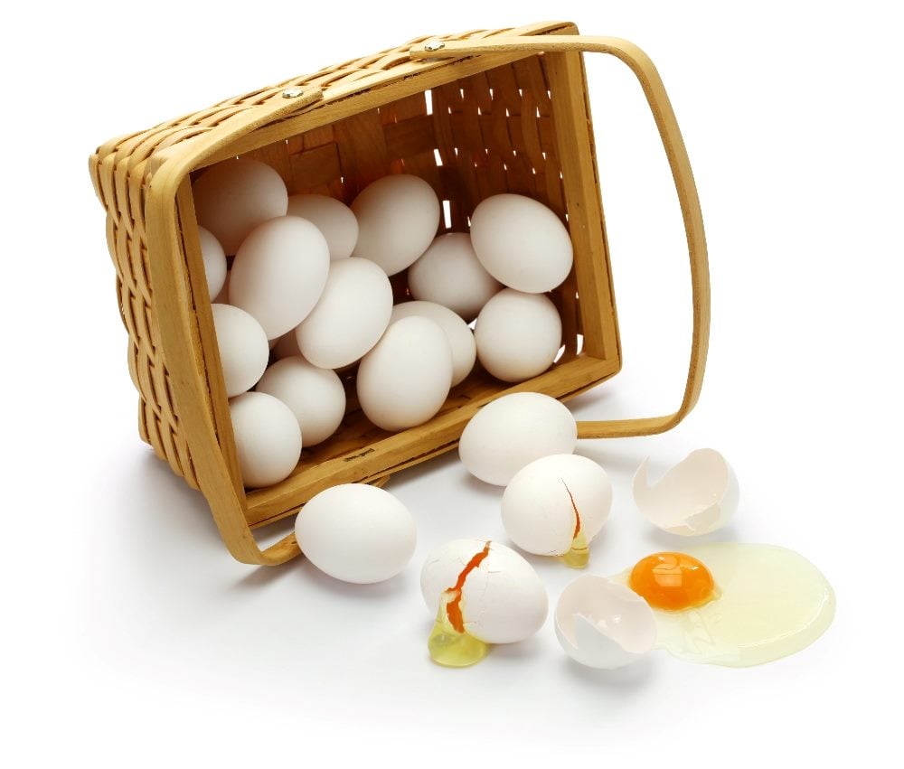 This image shows a wicker basket tipped over with white eggs spilling out. Several eggs are intact, while others are cracked with their contents, including yolks and whites, leaking onto a white surface in a piece about marketing attribution.