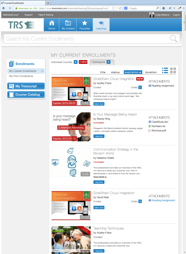 Brainshark Rapid Learning_Current Enrollments List View