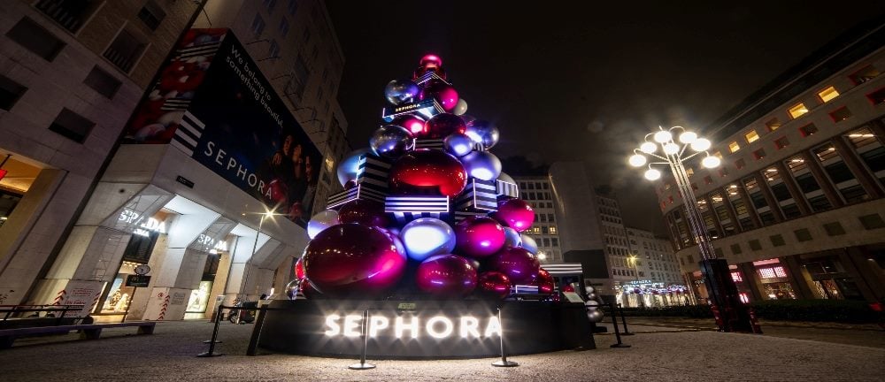 Sephora Christmas tree in Piazza San Babila in Milan, Italy.