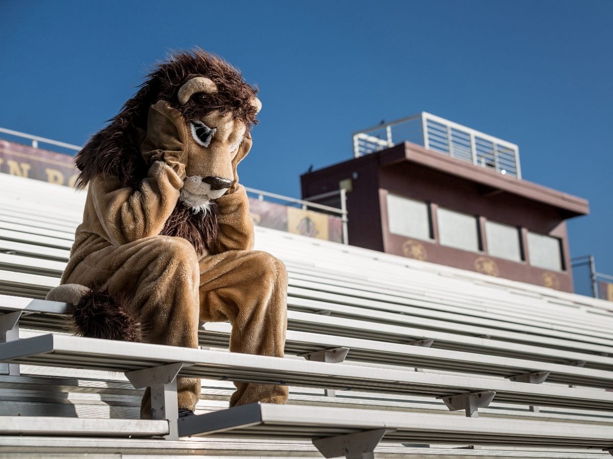A lion mascot sits alone on empty stadium bleachers with its head in its hands, conveying disappointment, frustration or defeat. A press box and clear blue sky appear in the background.