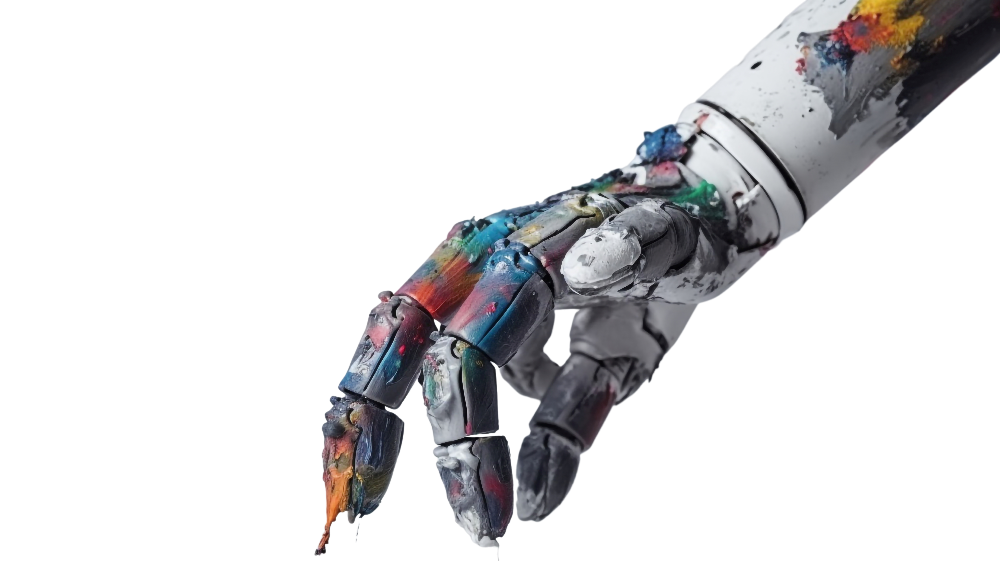 A robot hand is covered in colorful splotches of paint, suggesting the use of generative AI in marketing for creative camapaigns.
