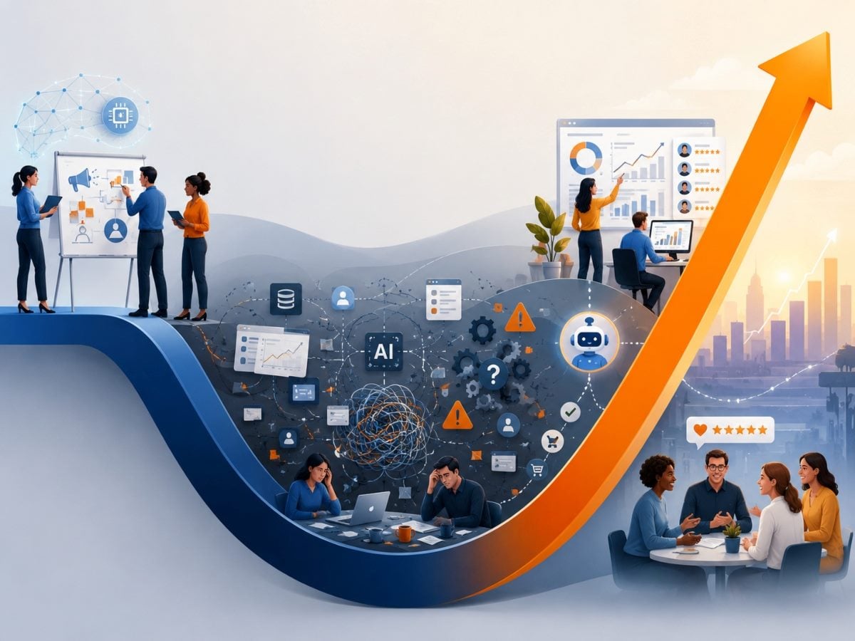 In an image generated by AI, Illustration of a marketing transformation J-curve showing a team beginning an AI initiative, descending into a temporary period of disruption marked by tangled workflows, disconnected data and operational confusion, then emerging into sustained growth with streamlined analytics, AI-assisted workflows, stronger collaboration and improved customer outcomes. the sweeping J-shaped curve visually emphasizes that short-term setbacks often precede long-term gains in marketing transformation.