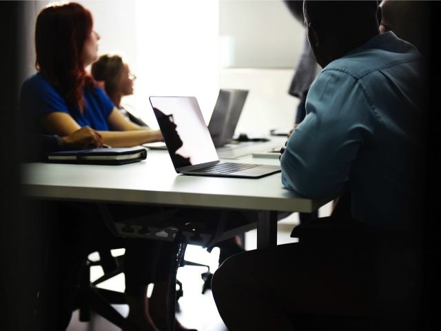 people in a meeting with laptops