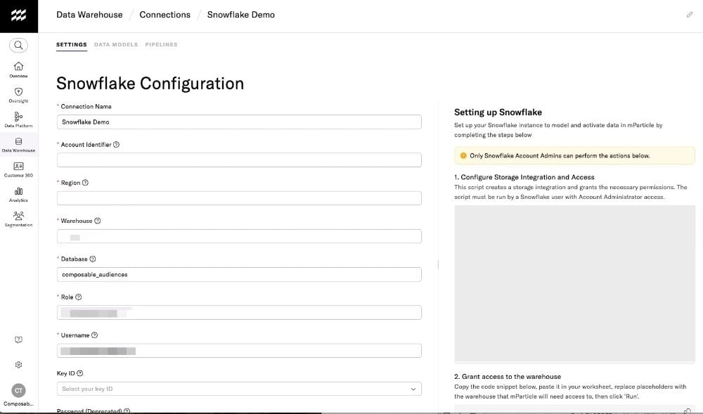 Screenshot of mParticle’s Snowflake Configuration interface showing setup fields for connection name, account identifier, and database configuration.
