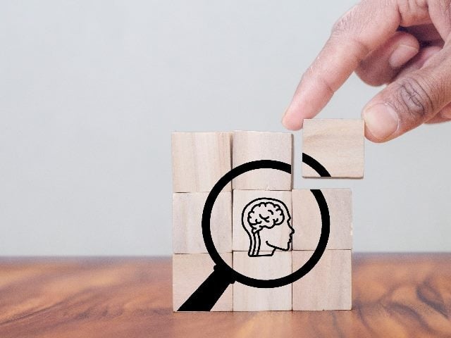 A hand sets the last wooden cube in a set to form a human head with a brain inside a magnifying glass in piece about quantitative and qualitative data research. 