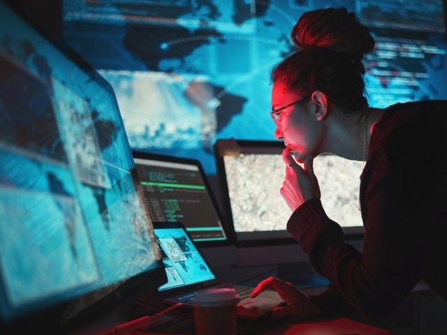 Cybersecurity, woman and computer with global network for phishing, ransomware and cyber search.  