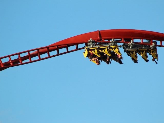 upside down people riding in a roller coaster  