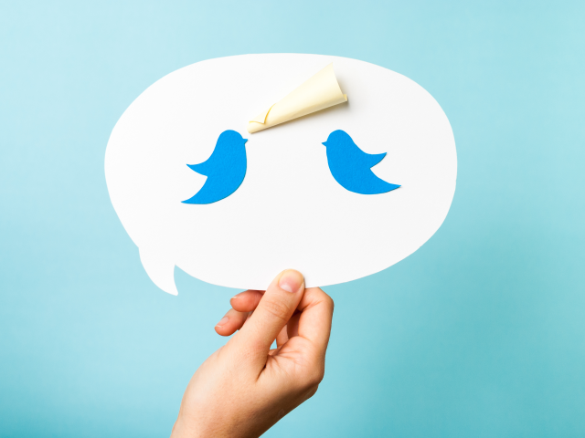 Two blue paper birds on a speech bubble - Twitter Super Follow concept