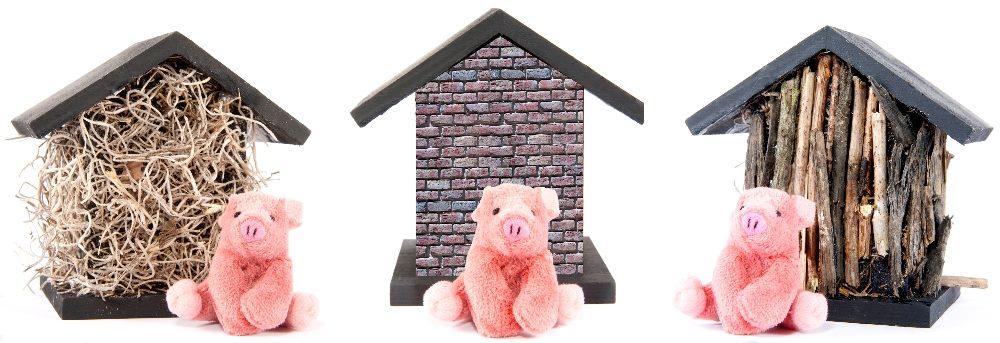 Three stuffed animal pigs sit in front of their houses with one built of straw, one built of bricks, and one built of sticks in piece about the impact of business cost-cutting on customer relations.